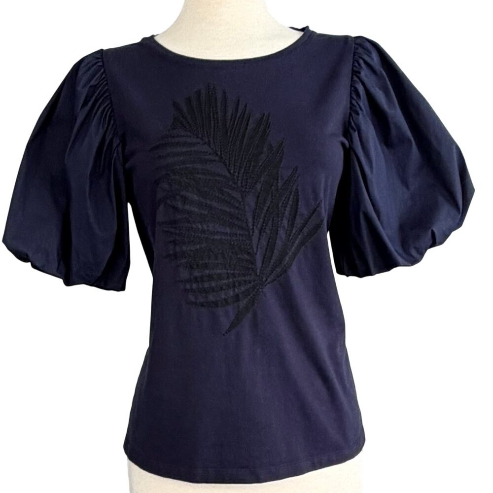 Chico’s Navy Embroidered Puff Sleeve Tee New Petite Fit Pima Cotton S